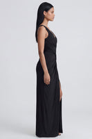 Load image into Gallery viewer, V-Neck Black Long Sheath Ruched Formal Dress with Slit