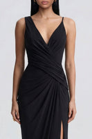 Load image into Gallery viewer, V-Neck Black Long Sheath Ruched Formal Dress with Slit
