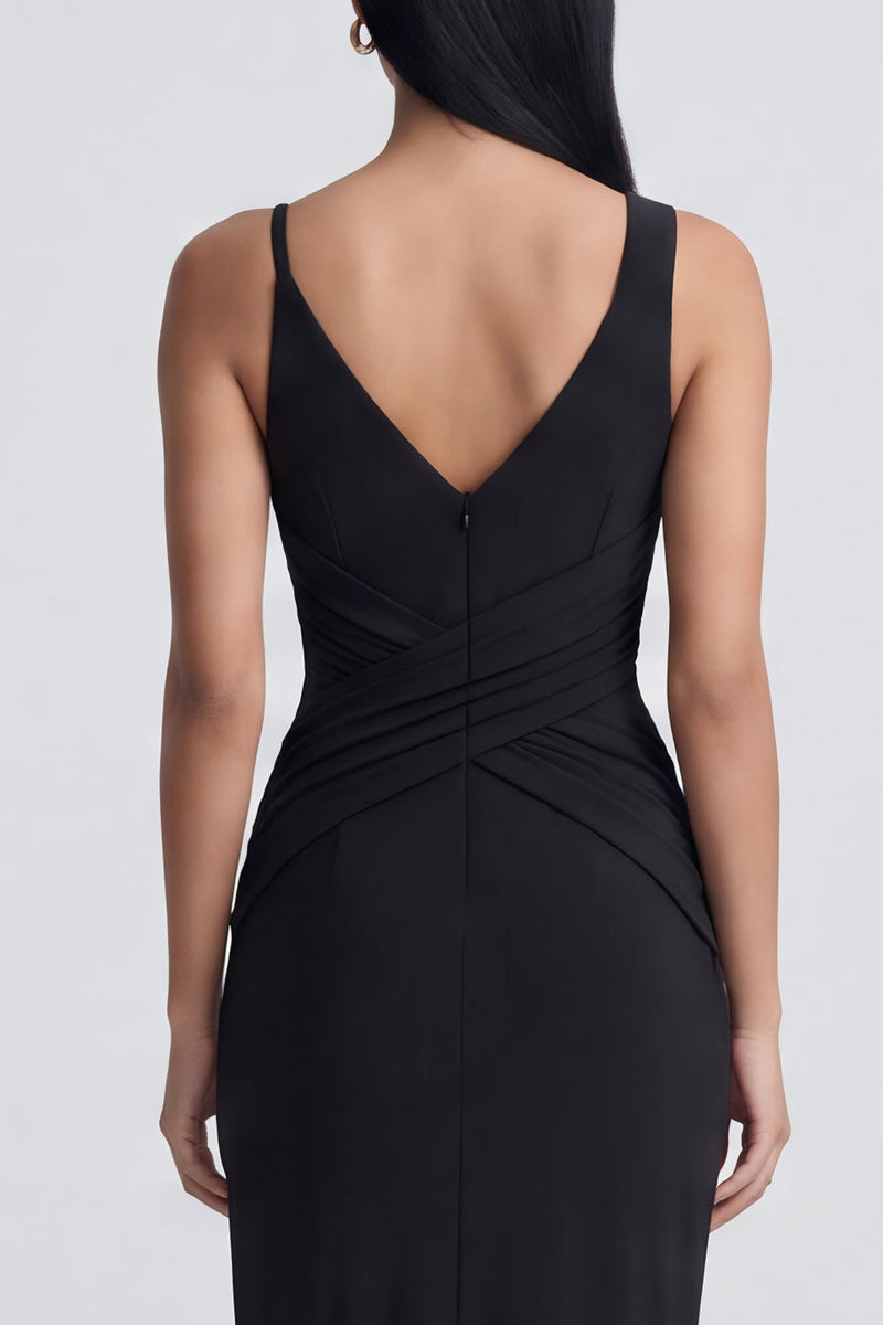 Load image into Gallery viewer, V-Neck Black Long Sheath Ruched Formal Dress with Slit