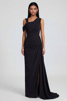 Load image into Gallery viewer, Black Sheath Ruched Long One Shoulder Formal Dress with Side Cape