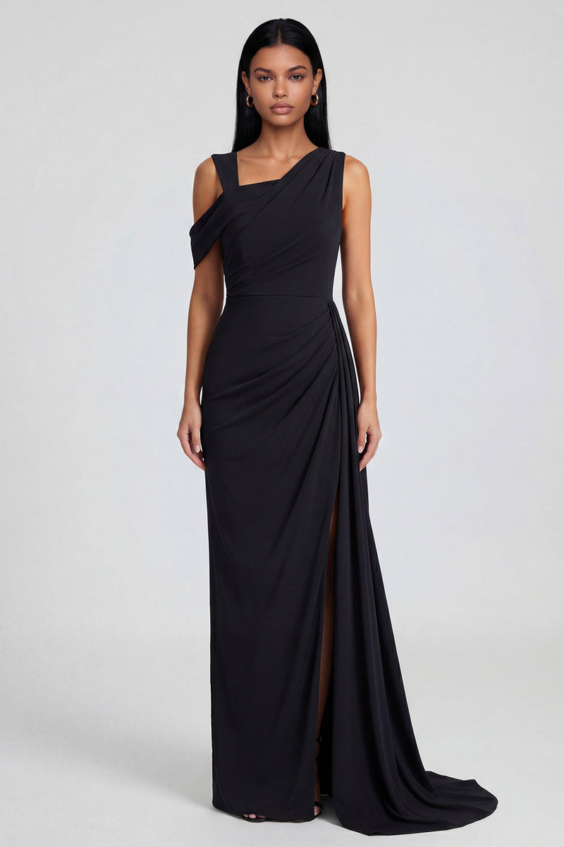 Load image into Gallery viewer, Black Sheath Ruched Long One Shoulder Formal Dress with Side Cape