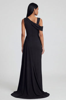 Black Sheath Ruched Long One Shoulder Formal Dress with Side Cape