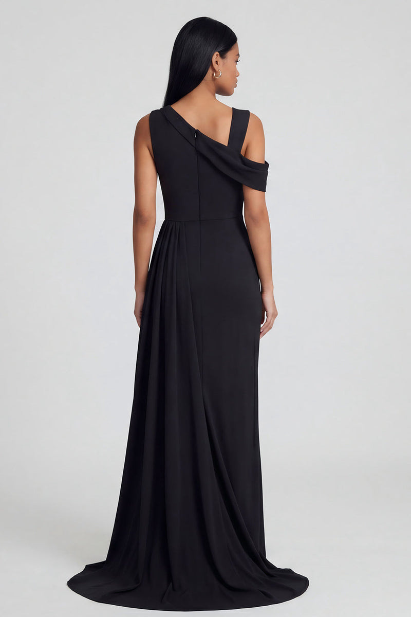 Load image into Gallery viewer, Black Sheath Ruched Long One Shoulder Formal Dress with Side Cape