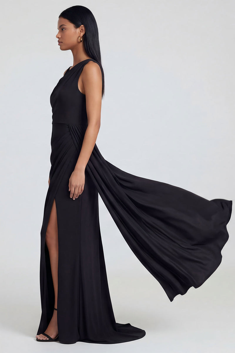 Load image into Gallery viewer, Black Sheath Ruched Long One Shoulder Formal Dress with Side Cape