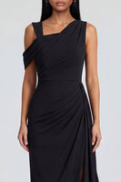 Load image into Gallery viewer, Black Sheath Ruched Long One Shoulder Formal Dress with Side Cape