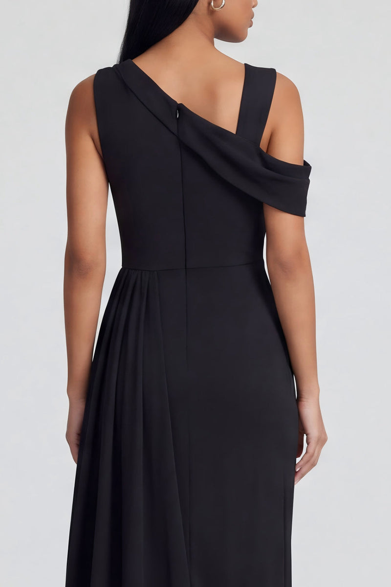 Load image into Gallery viewer, Black Sheath Ruched Long One Shoulder Formal Dress with Side Cape
