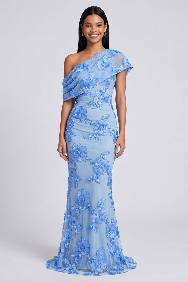 Load image into Gallery viewer, Butter Yellow Floral One Shoulder Ruched Long Mermaid Formal Dress