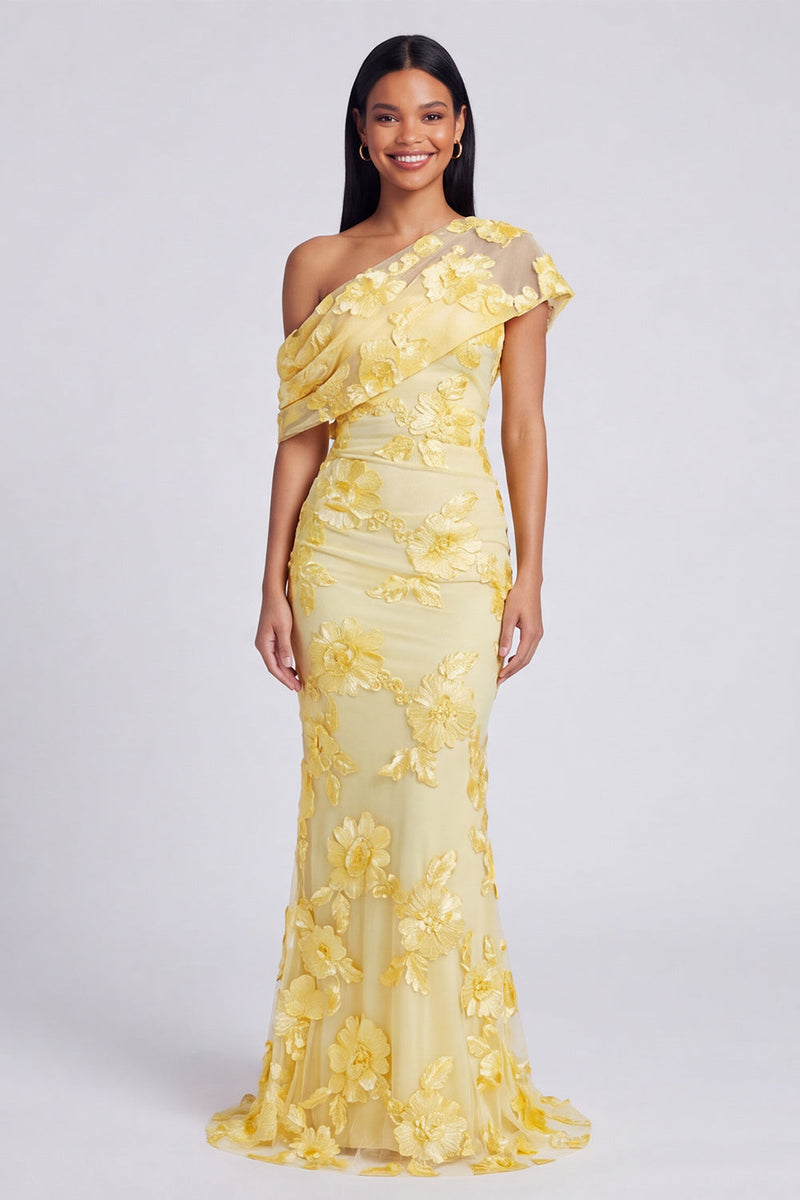 Load image into Gallery viewer, Butter Yellow Floral One Shoulder Ruched Long Mermaid Formal Dress