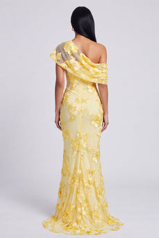 Butter Yellow Floral One Shoulder Ruched Long Mermaid Formal Dress