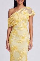 Load image into Gallery viewer, Butter Yellow Floral One Shoulder Ruched Long Mermaid Formal Dress