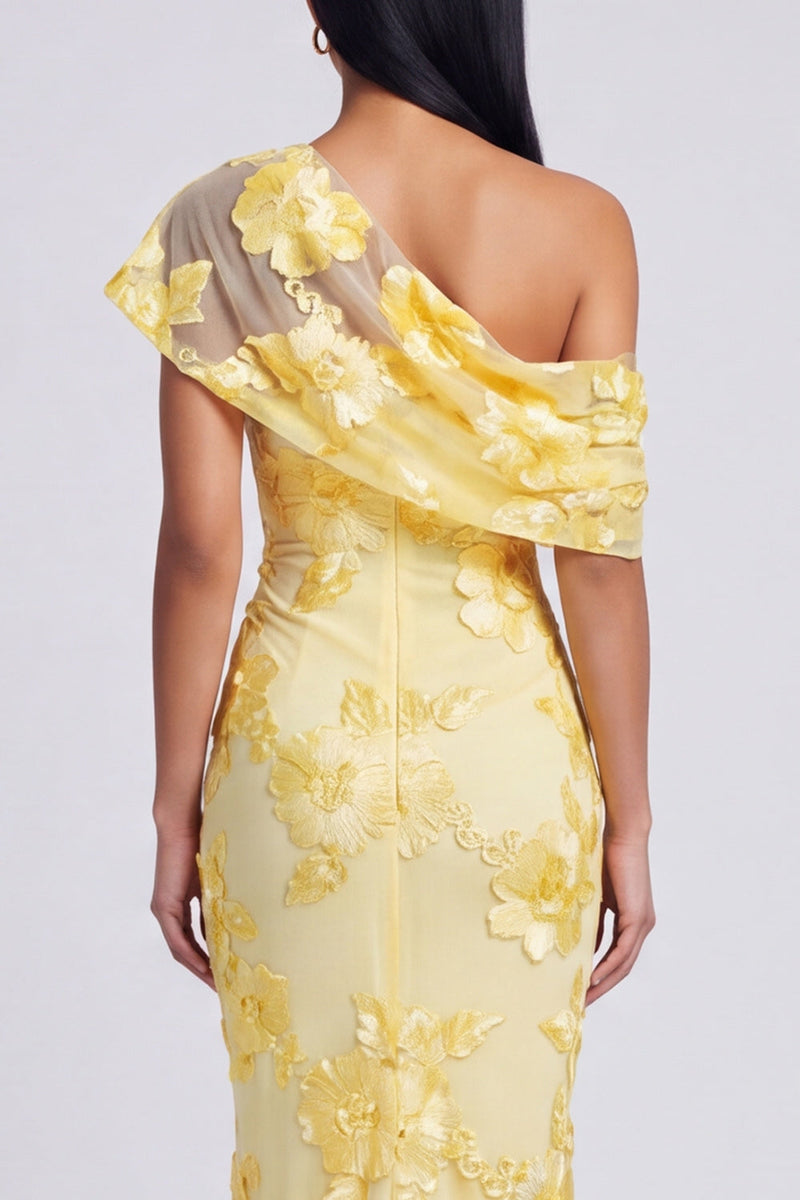 Load image into Gallery viewer, Butter Yellow Floral One Shoulder Ruched Long Mermaid Formal Dress