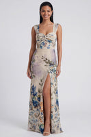 Load image into Gallery viewer, Ivory Floral Mermaid Ruched Long Formal Dress with Slit