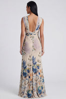 Load image into Gallery viewer, Ivory Floral Mermaid Ruched Long Formal Dress with Slit