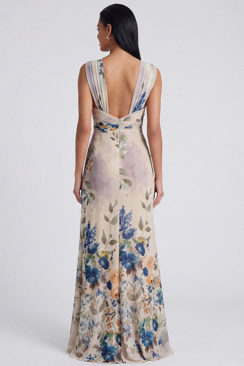 Load image into Gallery viewer, Ivory Floral Mermaid Ruched Long Formal Dress with Slit