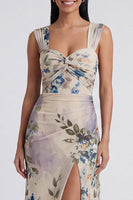 Load image into Gallery viewer, Ivory Floral Mermaid Ruched Long Formal Dress with Slit
