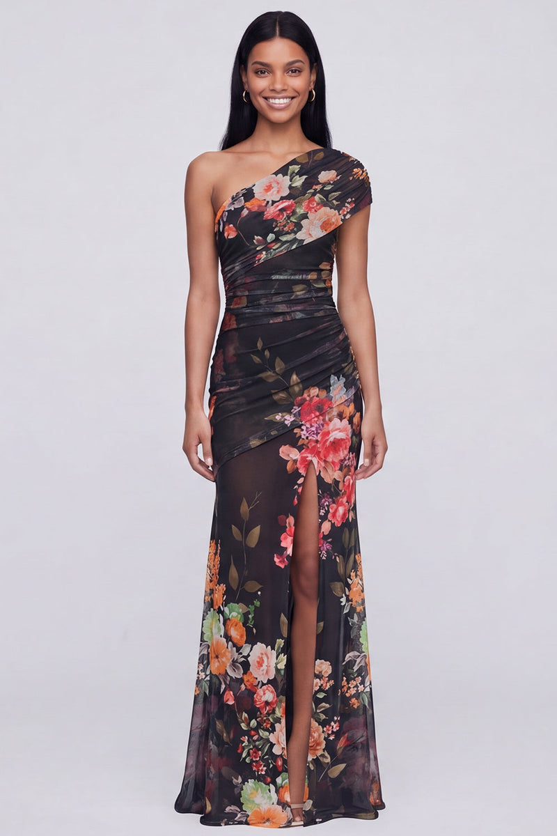 Load image into Gallery viewer, Champagne One Shoulder Ruched Floral Long Mermaid Formal Dress with Slit