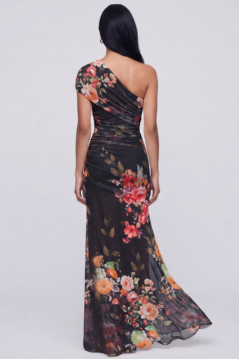 Load image into Gallery viewer, Champagne One Shoulder Ruched Floral Long Mermaid Formal Dress with Slit