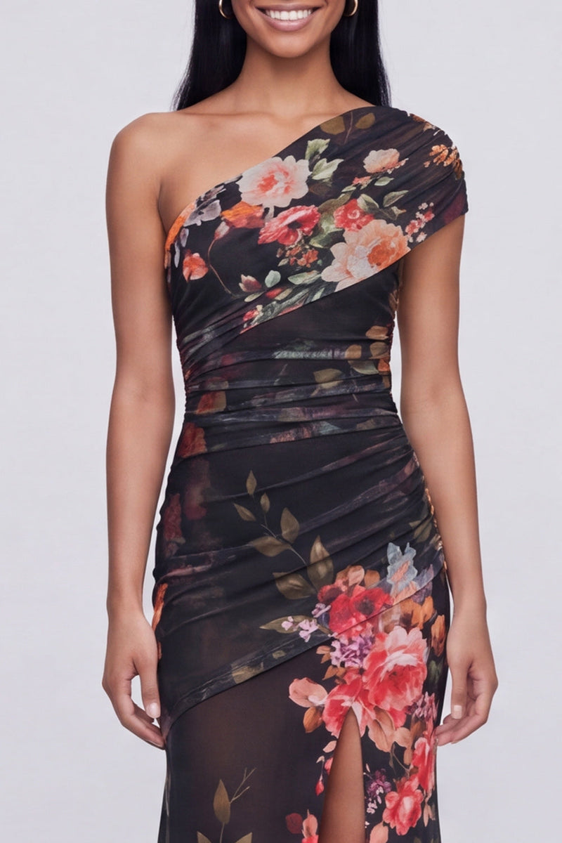 Load image into Gallery viewer, Champagne One Shoulder Ruched Floral Long Mermaid Formal Dress with Slit