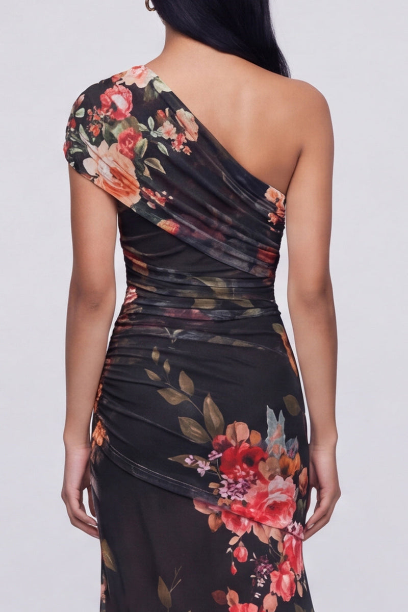 Load image into Gallery viewer, Champagne One Shoulder Ruched Floral Long Mermaid Formal Dress with Slit