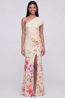 Load image into Gallery viewer, Champagne One Shoulder Ruched Floral Long Mermaid Formal Dress with Slit