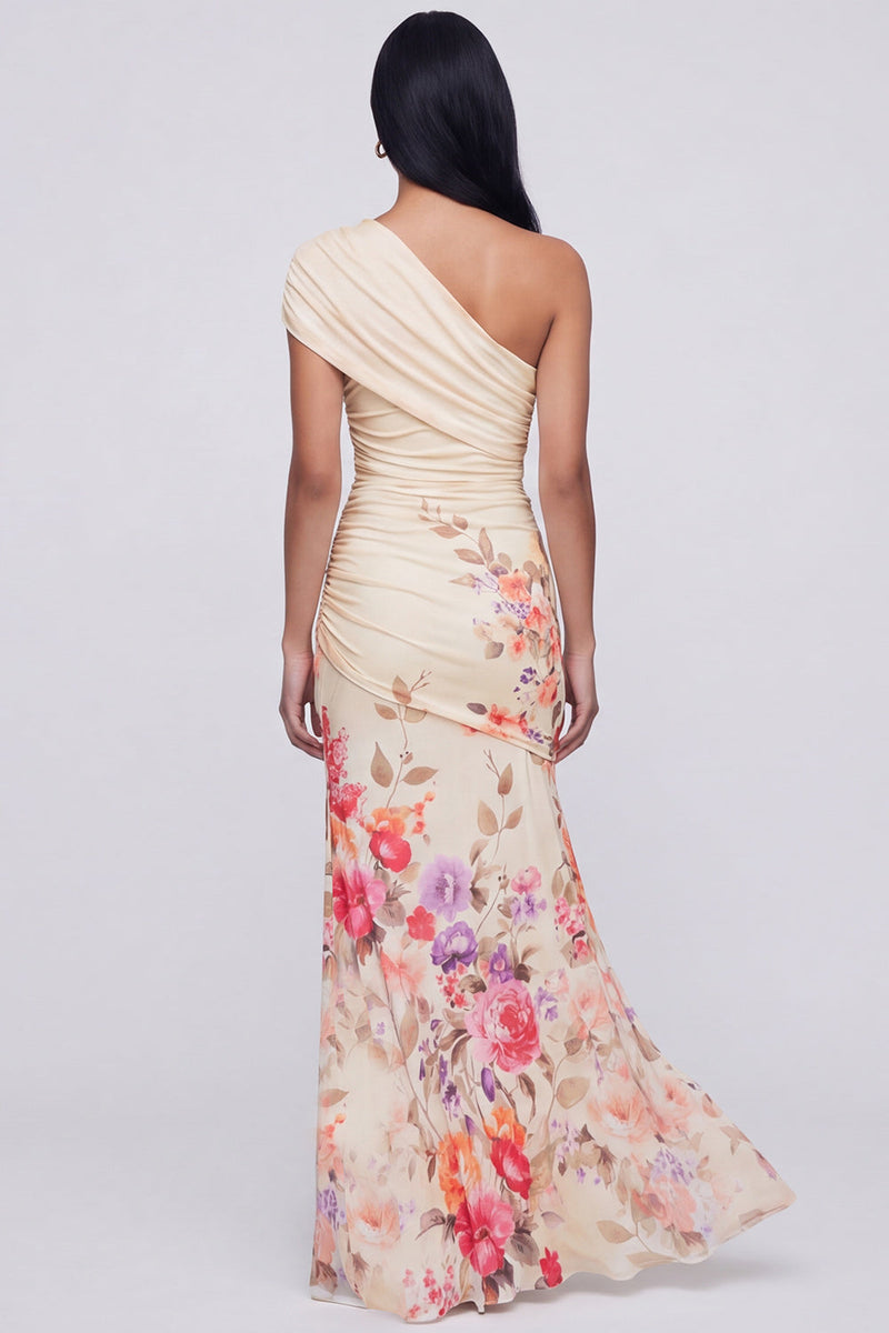 Load image into Gallery viewer, Champagne One Shoulder Ruched Floral Long Mermaid Formal Dress with Slit