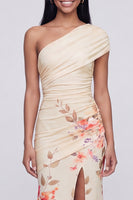 Load image into Gallery viewer, Champagne One Shoulder Ruched Floral Long Mermaid Formal Dress with Slit