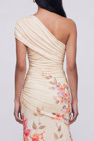 Load image into Gallery viewer, Champagne One Shoulder Ruched Floral Long Mermaid Formal Dress with Slit