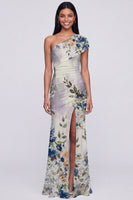 Load image into Gallery viewer, Champagne One Shoulder Ruched Floral Long Mermaid Formal Dress with Slit