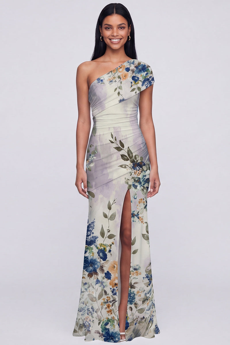 Load image into Gallery viewer, Champagne One Shoulder Ruched Floral Long Mermaid Formal Dress with Slit