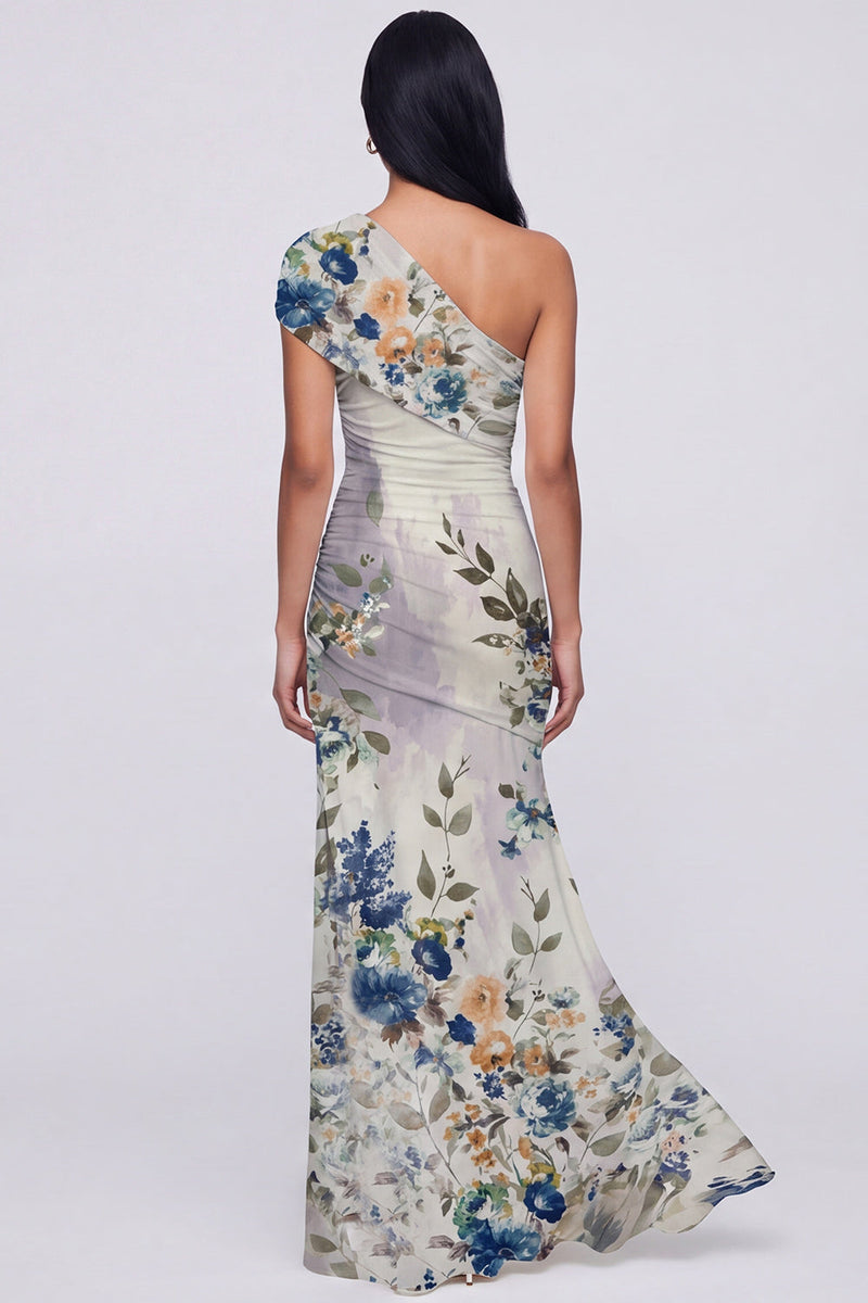 Load image into Gallery viewer, Champagne One Shoulder Ruched Floral Long Mermaid Formal Dress with Slit