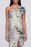 Load image into Gallery viewer, Champagne One Shoulder Ruched Floral Long Mermaid Formal Dress with Slit