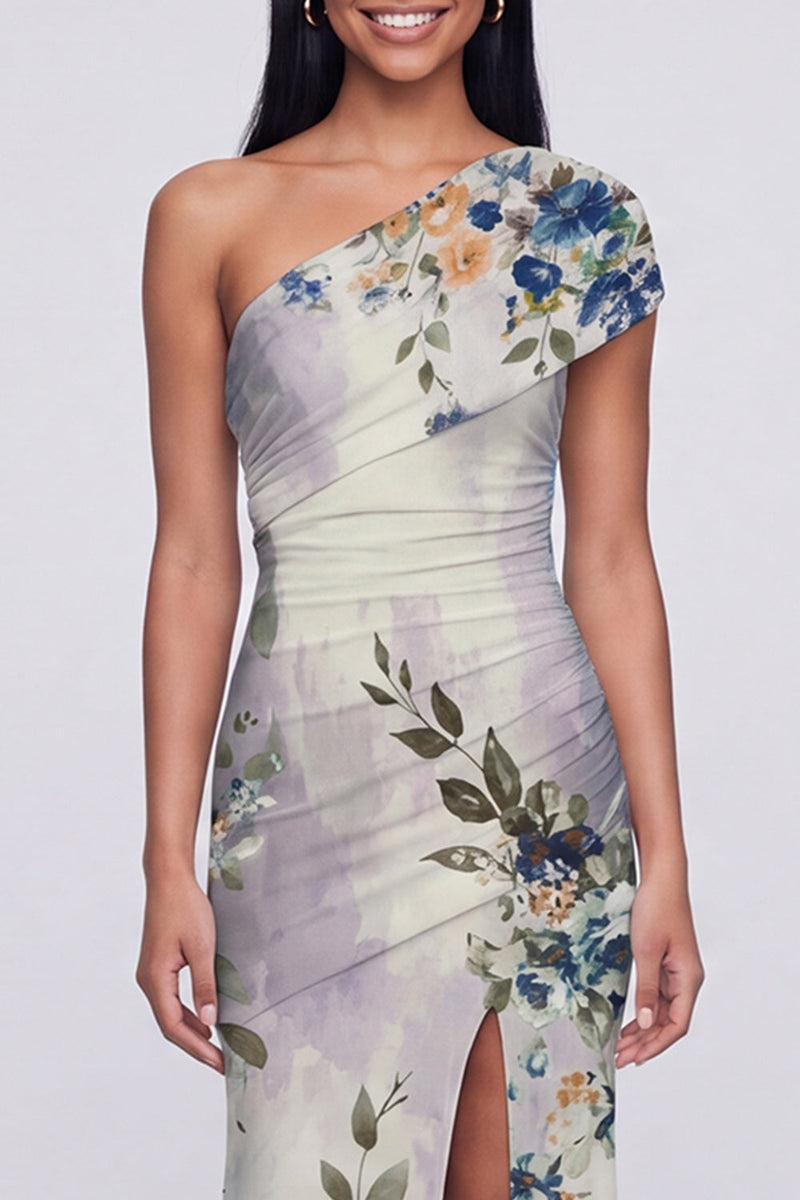 Load image into Gallery viewer, Champagne One Shoulder Ruched Floral Long Mermaid Formal Dress with Slit