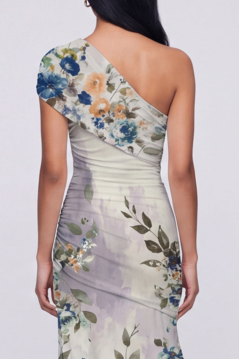 Load image into Gallery viewer, Champagne One Shoulder Ruched Floral Long Mermaid Formal Dress with Slit