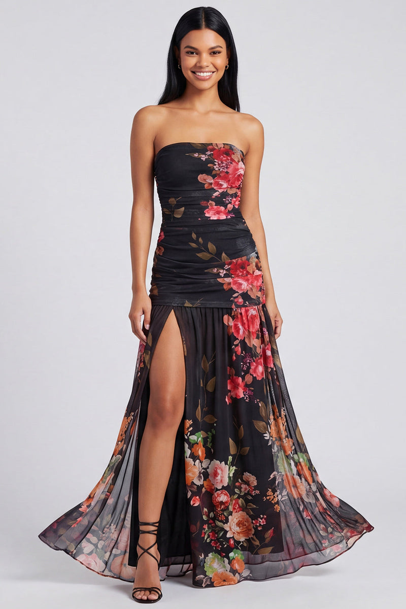 Load image into Gallery viewer, Ivory Strapless Ruched Floral Long A Line Formal Dress with Slit
