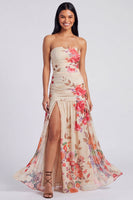 Load image into Gallery viewer, Ivory Strapless Ruched Floral Long A Line Formal Dress with Slit