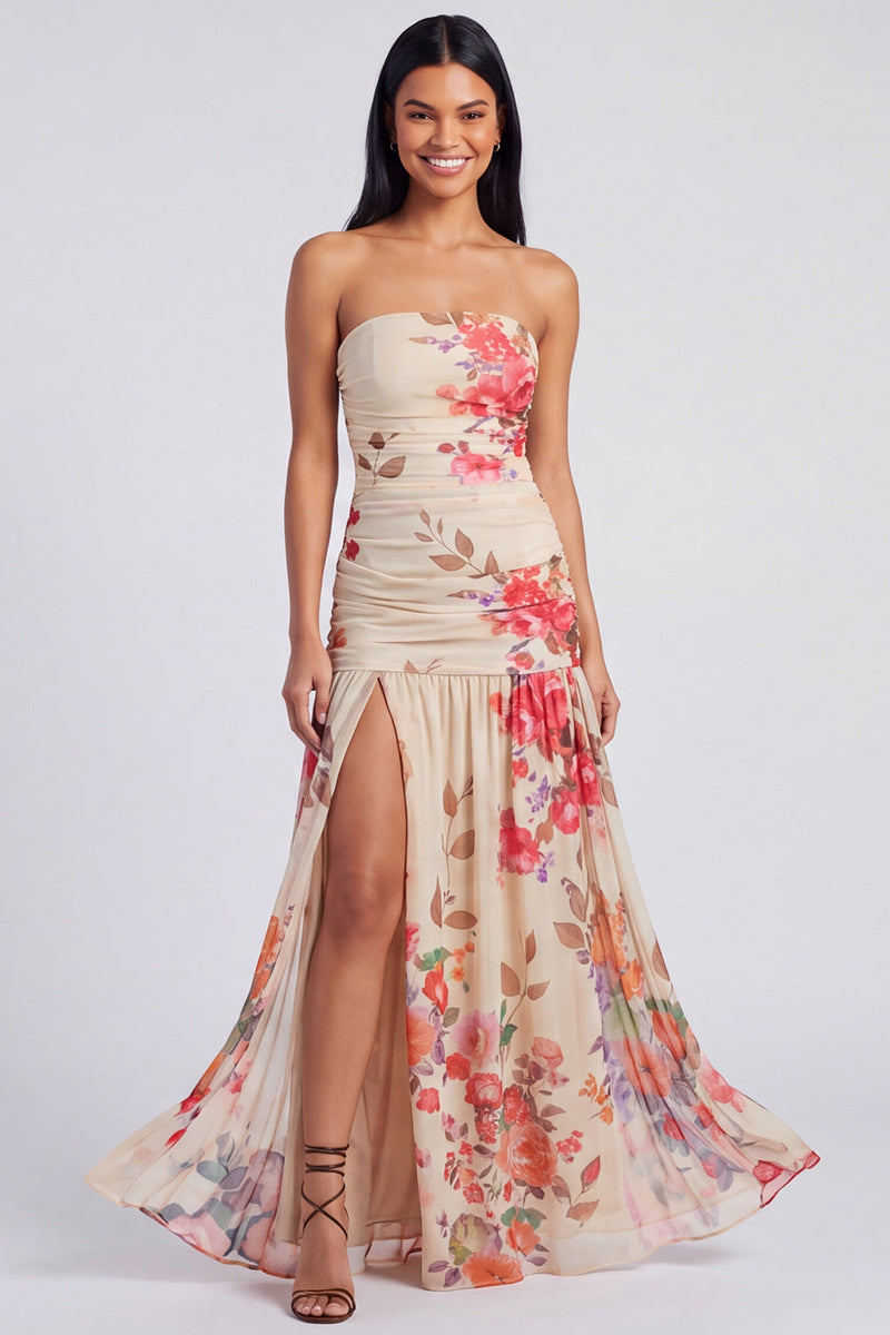 Load image into Gallery viewer, Ivory Strapless Ruched Floral Long A Line Formal Dress with Slit