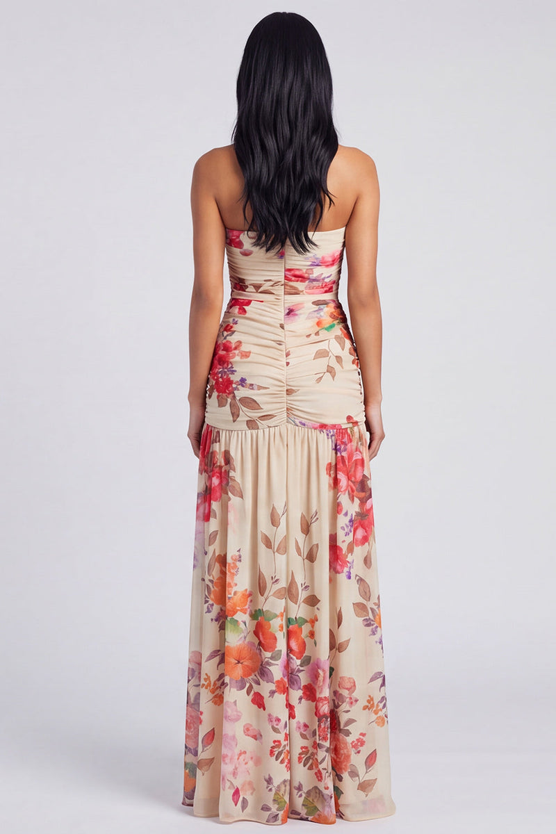 Load image into Gallery viewer, Ivory Strapless Ruched Floral Long A Line Formal Dress with Slit