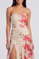 Load image into Gallery viewer, Ivory Strapless Ruched Floral Long A Line Formal Dress with Slit