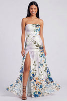Load image into Gallery viewer, Ivory Strapless Ruched Floral Long A Line Formal Dress with Slit