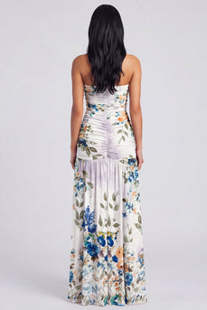 Ivory Strapless Ruched Floral Long A Line Formal Dress with Slit