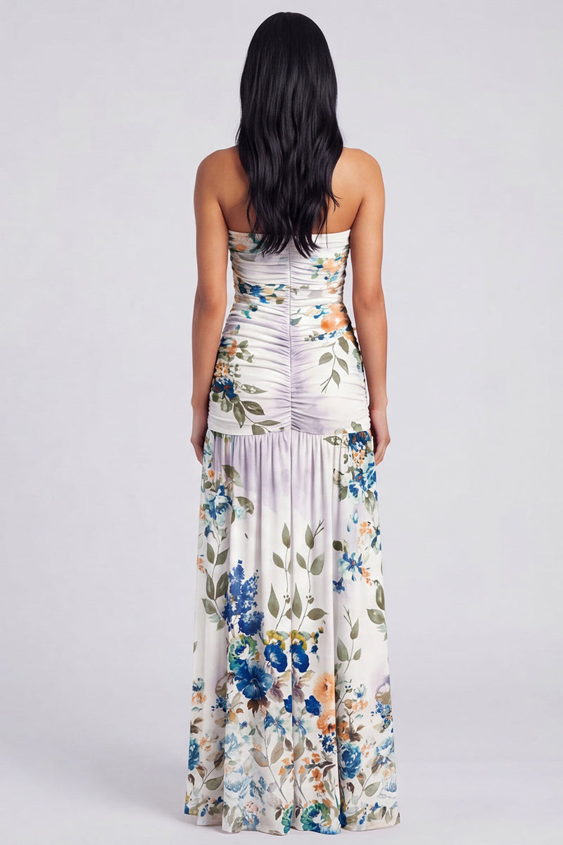 Load image into Gallery viewer, Ivory Strapless Ruched Floral Long A Line Formal Dress with Slit