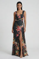 Load image into Gallery viewer, Black Floral Mermaid Ruched Long Formal Dress with Slit