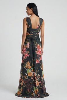 Black Floral Mermaid Ruched Long Formal Dress with Slit