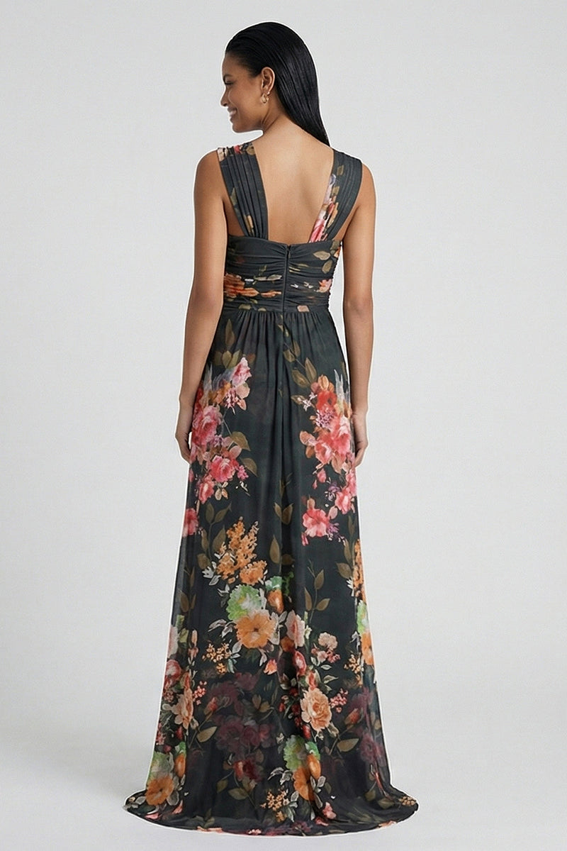 Load image into Gallery viewer, Black Floral Mermaid Ruched Long Formal Dress with Slit