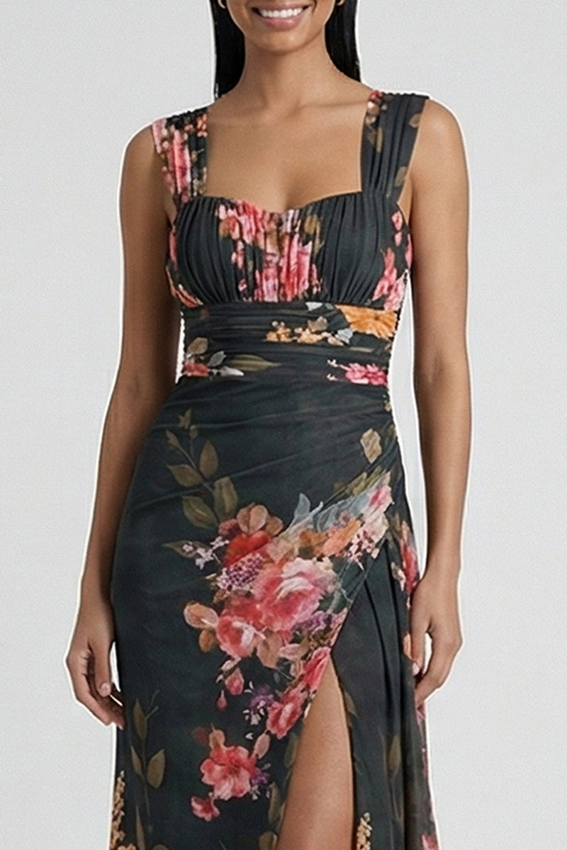 Load image into Gallery viewer, Black Floral Mermaid Ruched Long Formal Dress with Slit