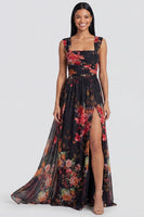 Load image into Gallery viewer, Square Neck Floral Black Ruched Long A Line Formal Dress with Slit