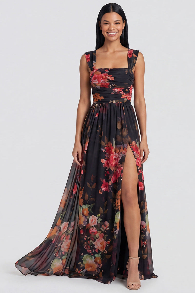 Load image into Gallery viewer, Square Neck Floral Black Ruched Long A Line Formal Dress with Slit