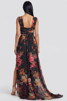 Load image into Gallery viewer, Square Neck Floral Black Ruched Long A Line Formal Dress with Slit