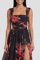 Load image into Gallery viewer, Square Neck Floral Black Ruched Long A Line Formal Dress with Slit