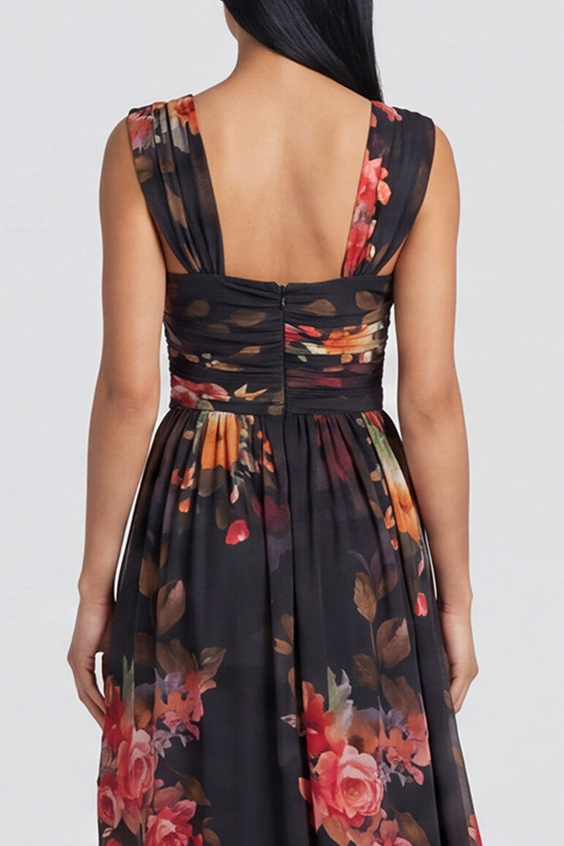 Load image into Gallery viewer, Square Neck Floral Black Ruched Long A Line Formal Dress with Slit